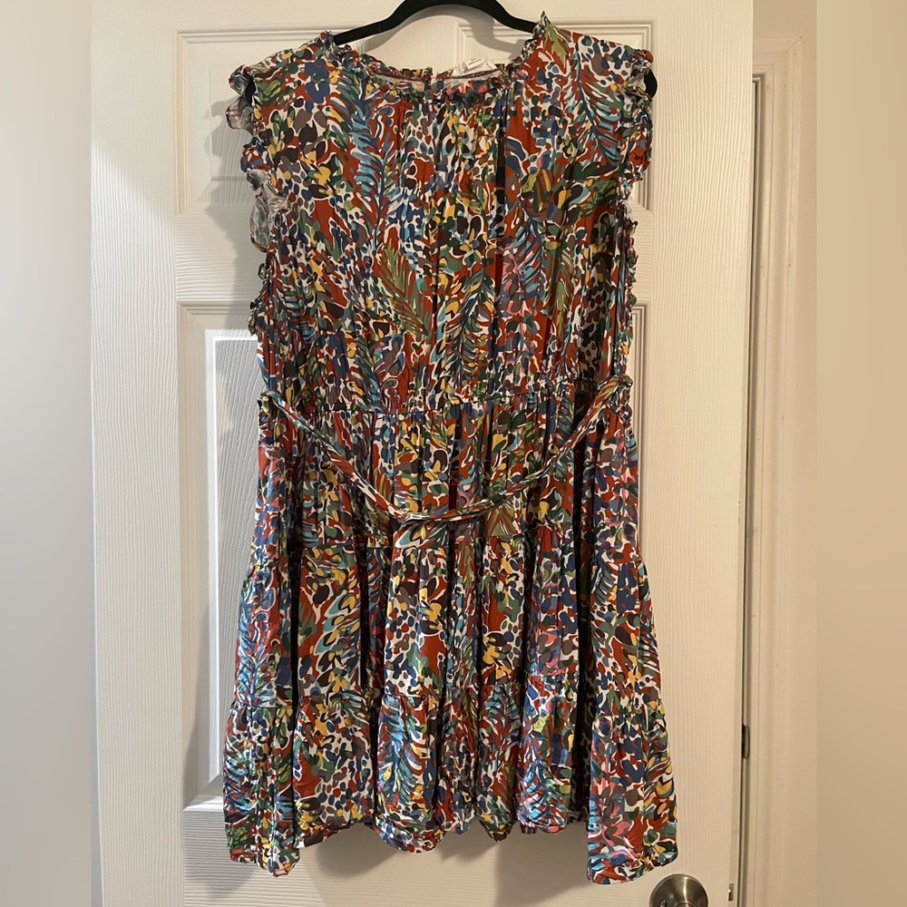 Chic Soul Multicolor Leaf Print Sleeveless Ruffled Waist Dress